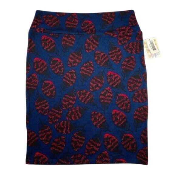 LuLaRoe CASSIE Pencil Skirt Blue Black Red Feather L Large Ladybugs NWT HTF - Picture 1 of 5
